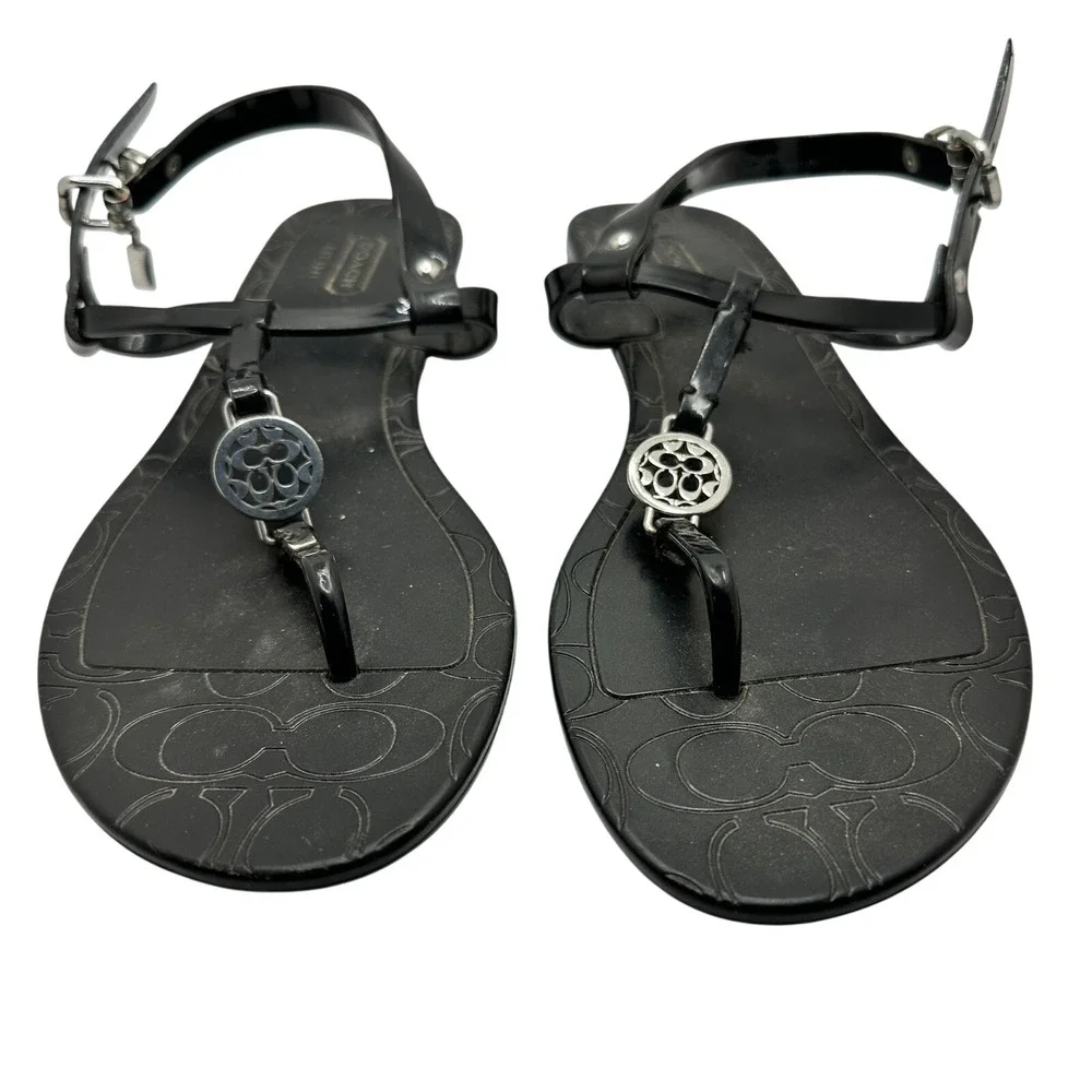 Coach Womens Pansy Sandals‎ Size 7 Black Jelly T-Strap Thong Slingback Medallion